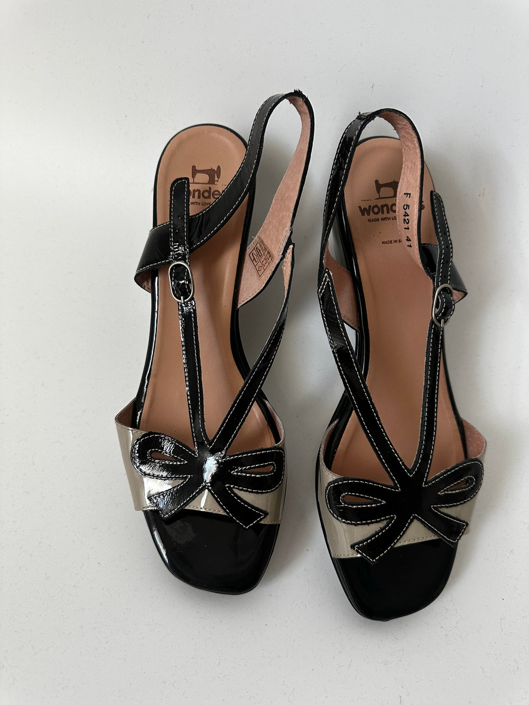 Wonders Black Patent Leather &amp; Cream Wedge Slingback Sandals EU 41