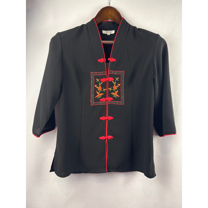 Women’s Lina Medium Black Asian Style Blouse w/ Floral Embroidery