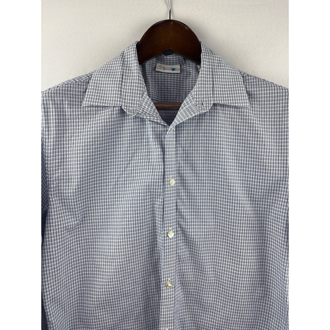 Men’s Calvin Klein Size 15 Blue, White, & Black Micro Plaid Button Up