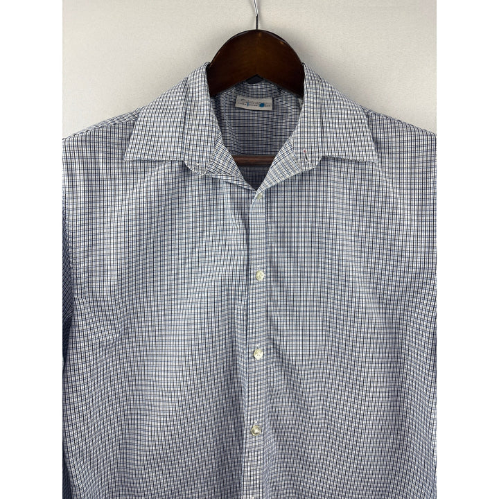 Men’s Calvin Klein Size 15 Blue, White, & Black Micro Plaid Button Up