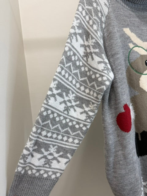 Holiday Reindeer Sweater Gray Fair Isle Cowl Neck SzL