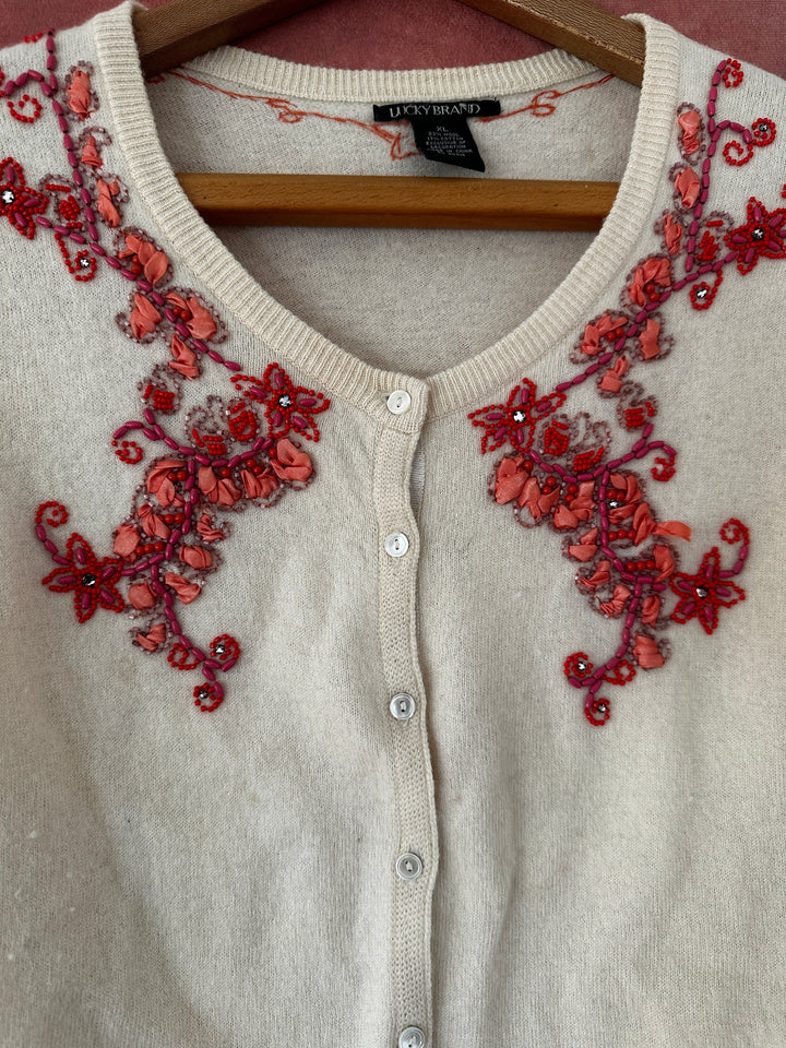 Lucky Brand Ivory Floral Embroidered Beaded Wool Cardigan Sweater