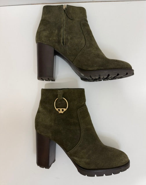 Tory Burch Sofia Lug Sole Suede Booties Dark Boxwood Green Sz10