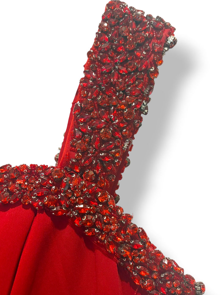 Ava Presley 29121 Red Satin Beaded Mermaid Prom Evening Gown Size 10 Bow Train