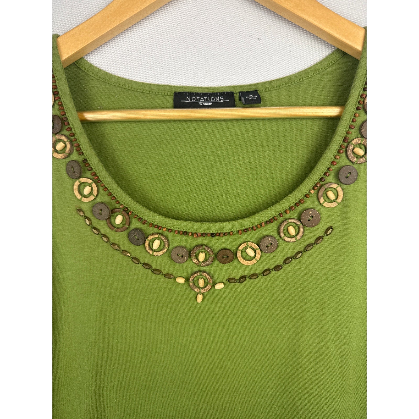 Women’s Notations Green Beadwork Cotton Tank Top Sz 1X