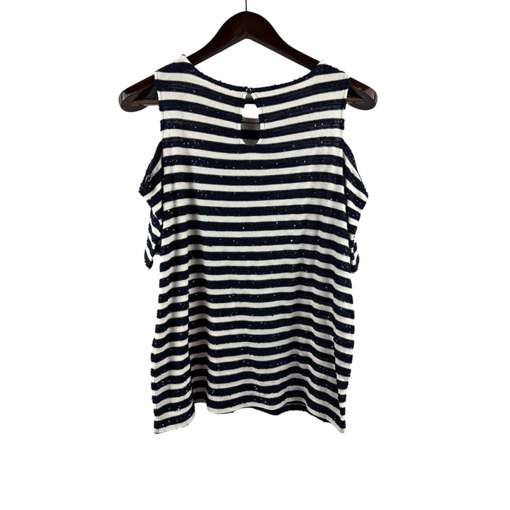 Women’s Chicos Size 2 White & Navy Sequined Striped Short Sleeve