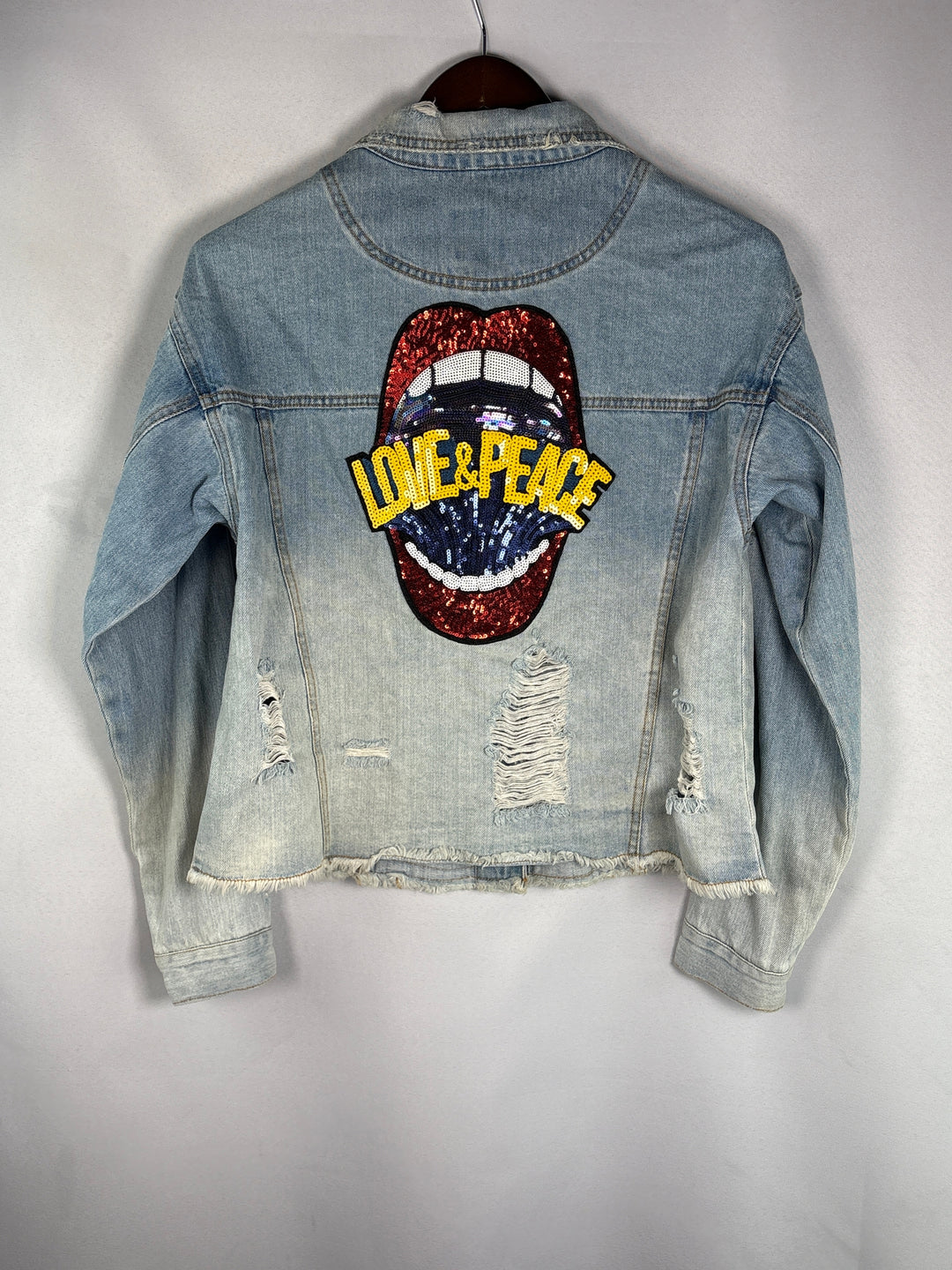 Womens Small Light Wash Blue Denim Jacket With Sequin Lip Back Graphics