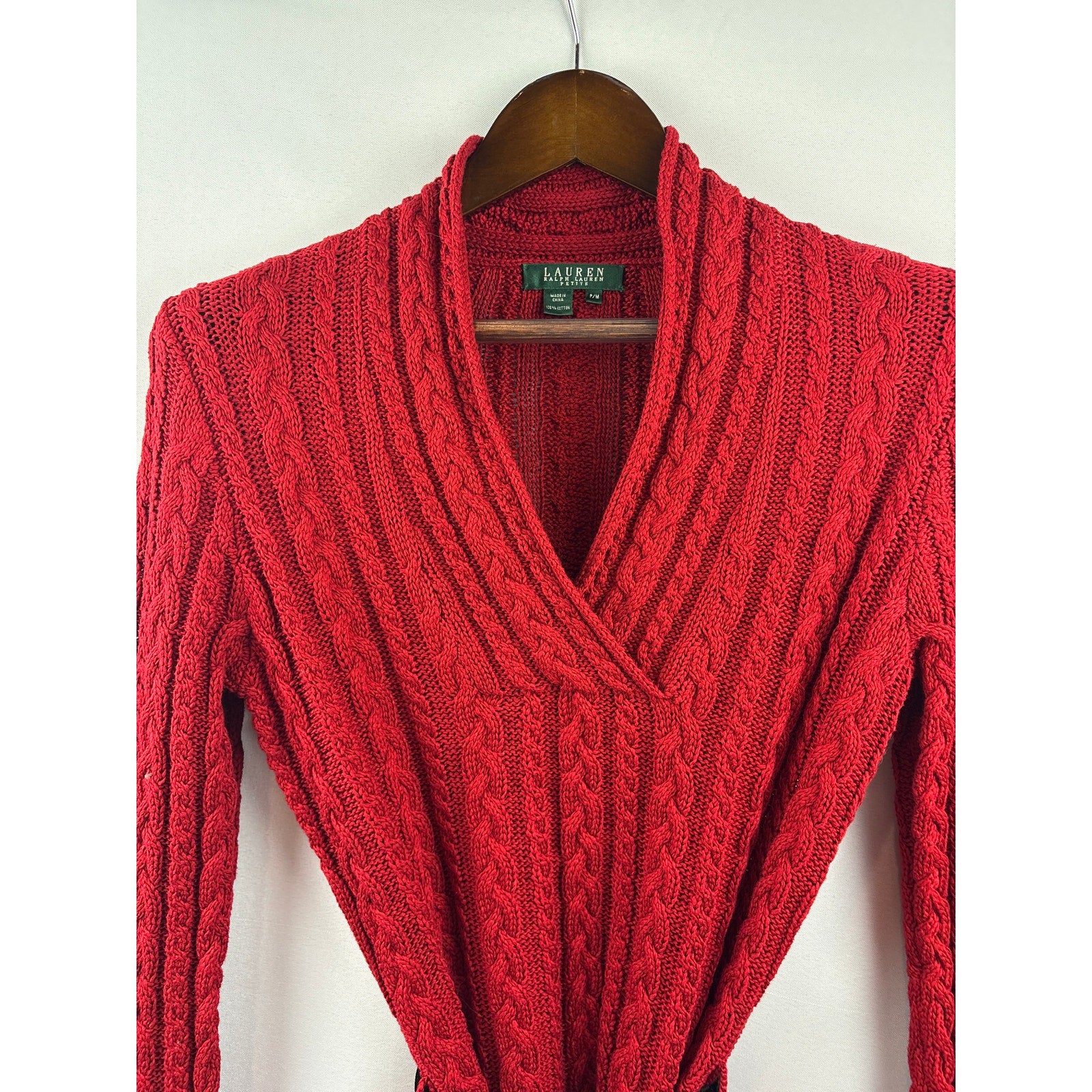 Women’s Green Label Ralph Lauren Petite Medium Red Cable Knit Sweater w/ Black Velvet Belt