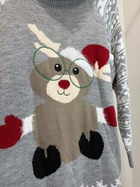 Holiday Reindeer Sweater Gray Fair Isle Cowl Neck SzL