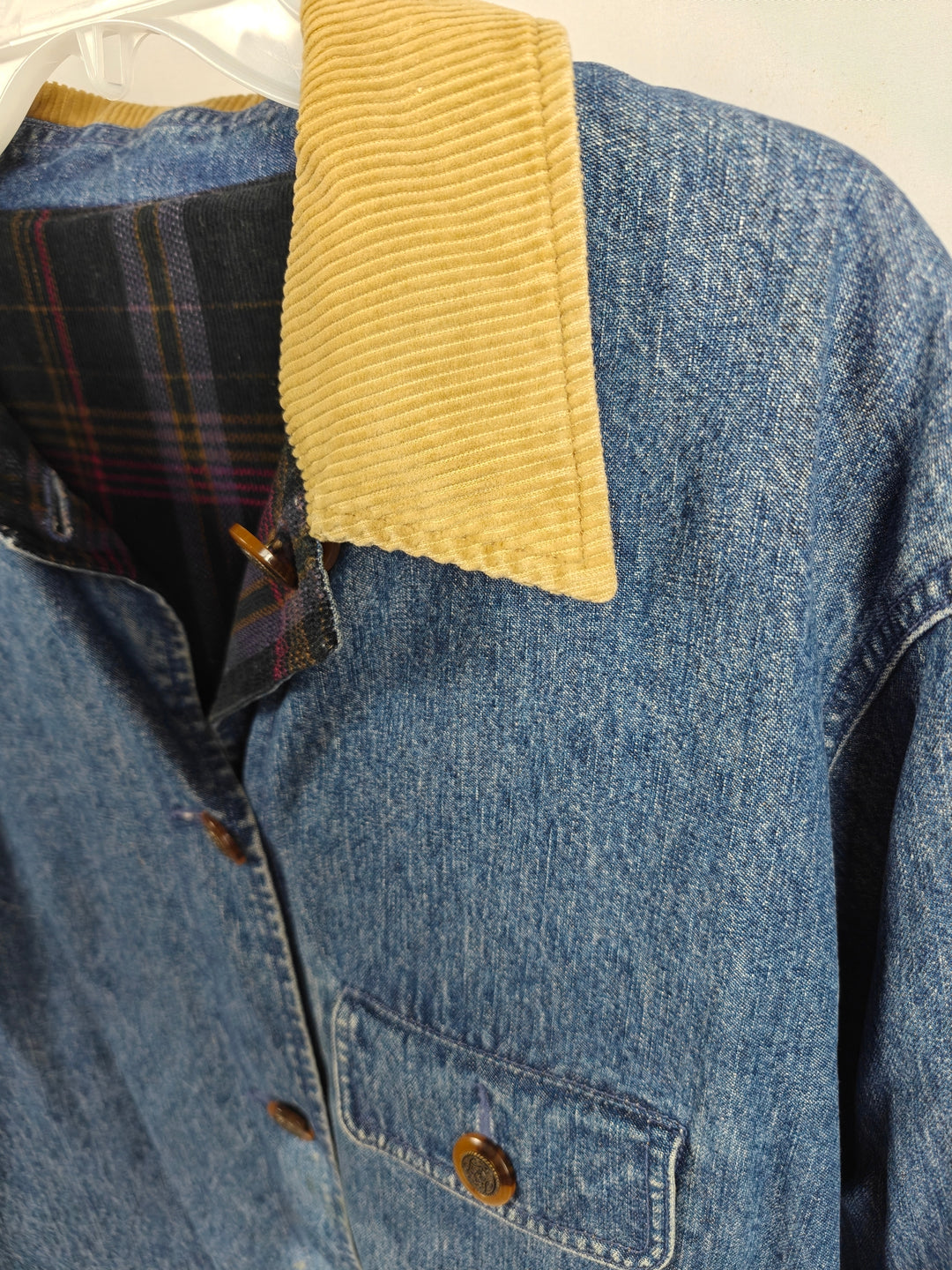 Nordstrom Vintage Blue Denim Jacket Women Corduroy Collar Plaid Lined Medium