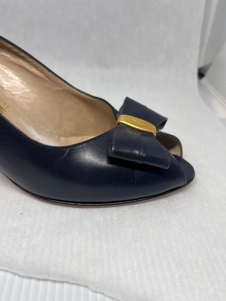 Salvatore Ferragamo Dark Blue Peep Toe Slingback Heels Size 7.5