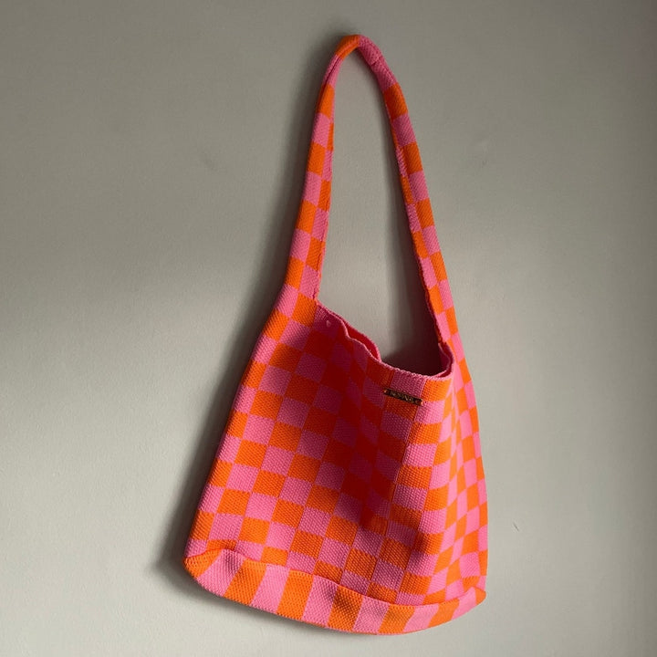Kopari Knit Mini Tote Pink Orange 11" tall x 13.5" wide Retro Funky Checked Checkered