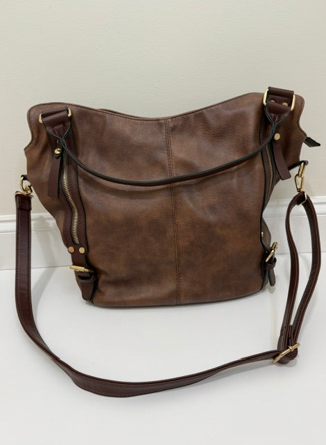 Vegan Leather Bucket Tote Crossbody Bag Brown Gold Hardware