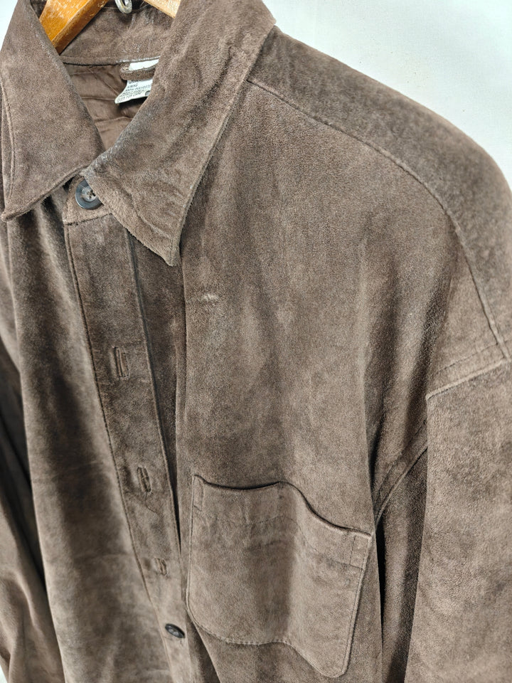 Mens Genuine Suede Leather Shirt Jacket Brown Vintage Large