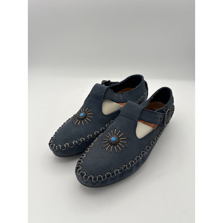 Hush Puppies Womens Leather Sunburst T-Strap Shoes Size 5 Blue