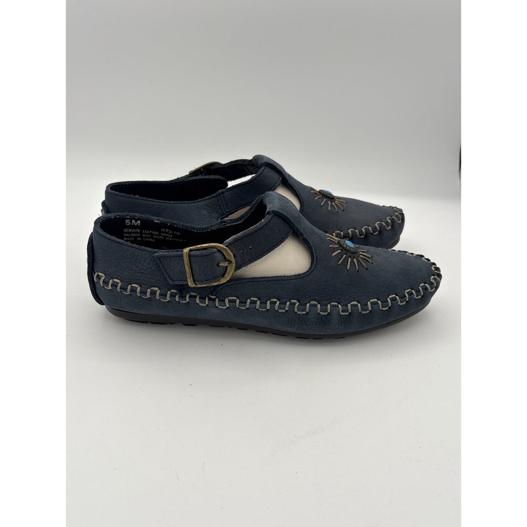 Hush Puppies Womens Leather Sunburst T-Strap Shoes Size 5 Blue