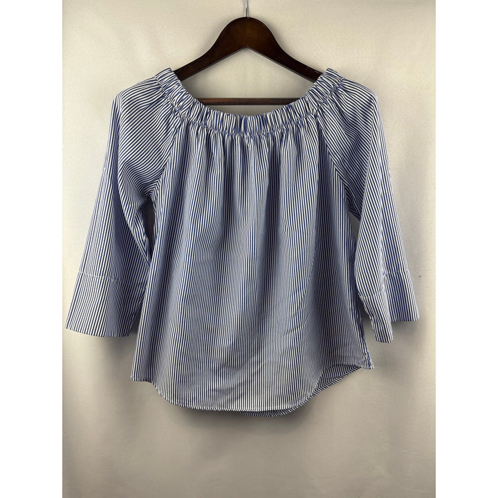 Women’s Kontrol Large White & Blue Striped 3/4 Sleeve Blouse