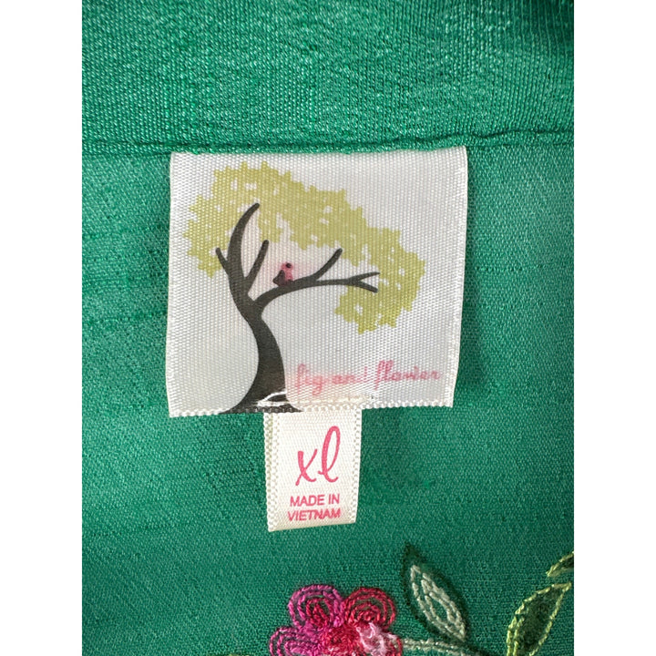 Women’s Fig & Flowers XL Green w/ Pink Floral Embroidery Button Up Blouse