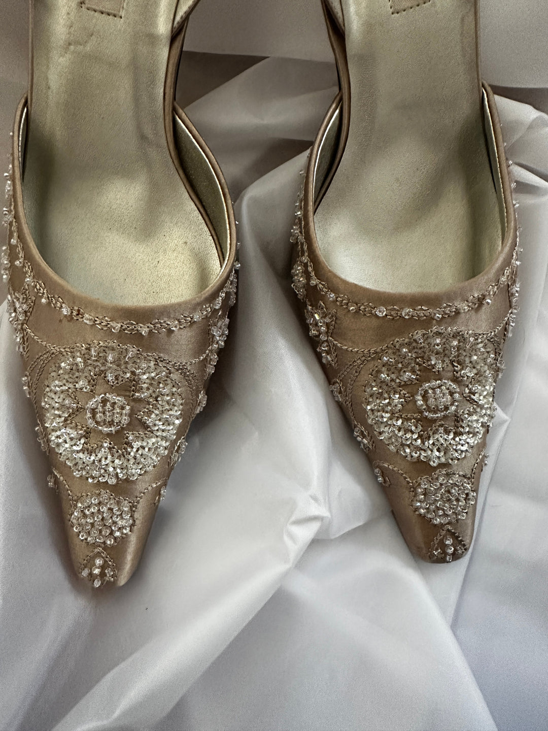 Caparros Champagne Satin Beaded Slingback Heels Wedding Evening Bridal