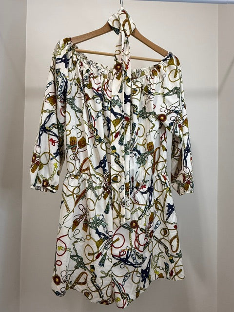 Equestrian Print Off Shoulder Romper Cream Multicolor SzXL