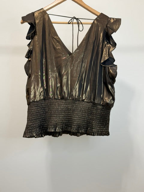 Nine West Metallic Bronze Smocked Waist Blouse SzXL