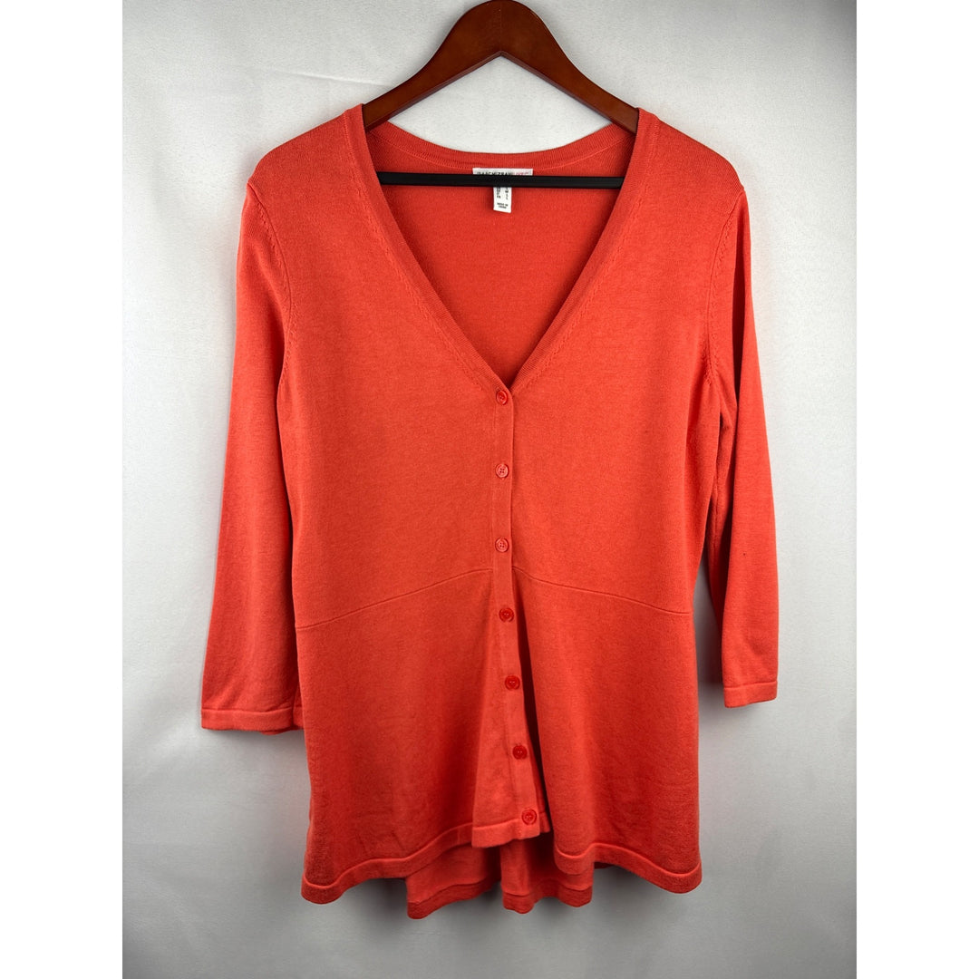 Isaac Mizrahi Live! Womens Coral Cardigan Sweater Medium 3/4 Sleeve Cotton/Rayon Blend Button Front V-Neck Made In China