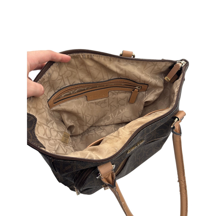 Women’s Calvin Klein Brown Leather Logo Patterned Hangbag