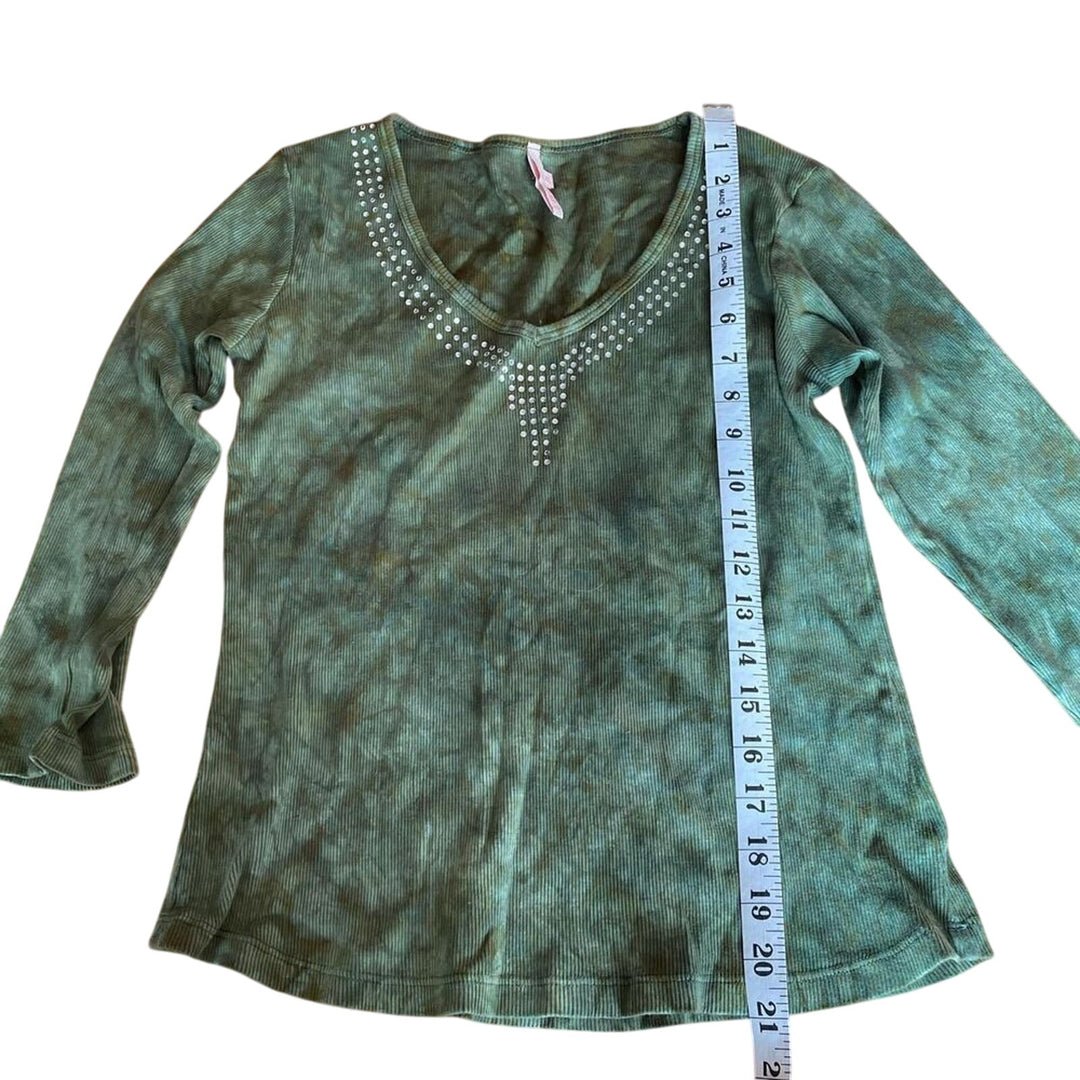 Y2K Women's Green Tie Dye Bedazzled 3/4 Sleeve Shirt sz XS