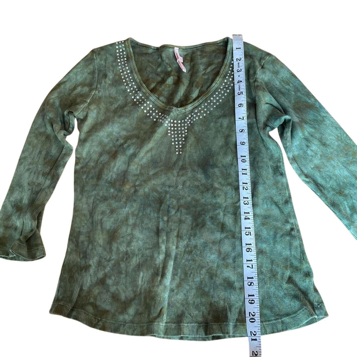 Y2K Women's Green Tie Dye Bedazzled 3/4 Sleeve Shirt sz XS