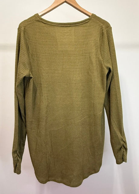 Nine West Soft Spun Waffle Knit V‑Neck Shirt – Olive – Size XL