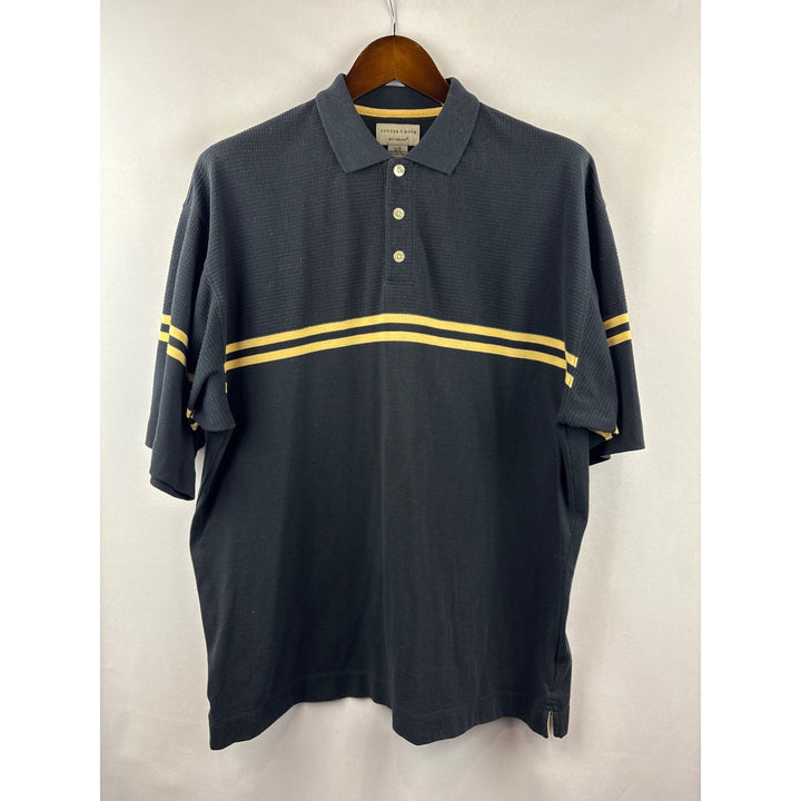Men’s Cutter & Buck Large Black Polo Shirt w/ Tan Double Stripe