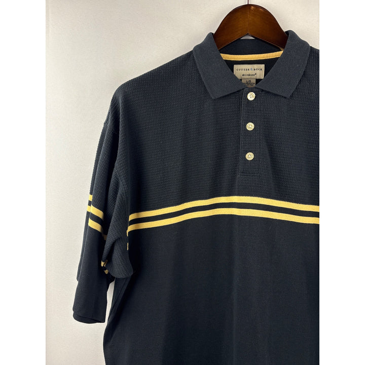 Men’s Cutter & Buck Large Black Polo Shirt w/ Tan Double Stripe