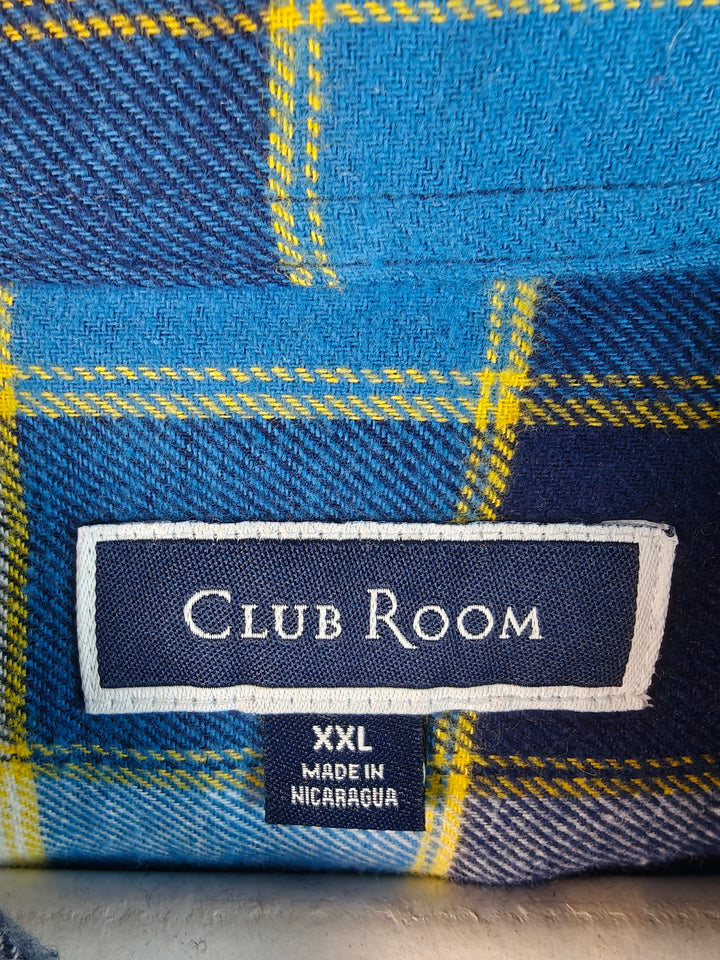 Club Room Men's XXL Plaid Flannel Shirt Button Down Long Sleeve Cotton Yellow Blue