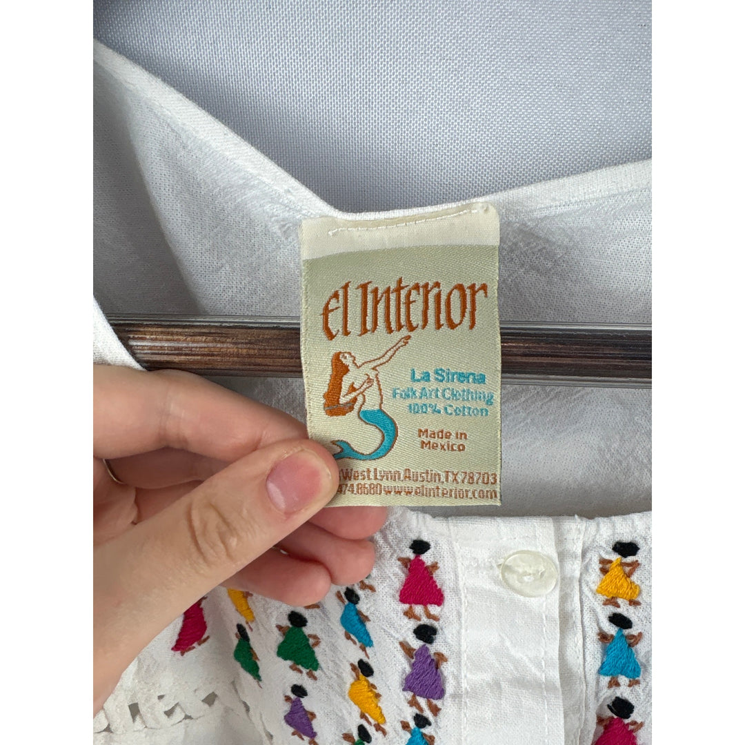 Women’s El Interior Large White w/ Multicolor Embroidery Button Up Blouse