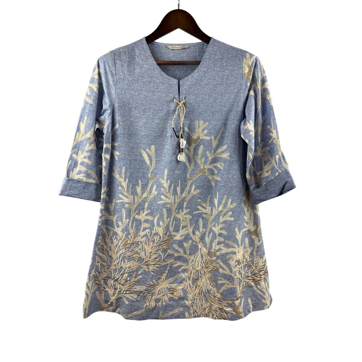 Women’s Soft Surroundings Pale Blue w/ Tan Coral Patterned Long Blouse