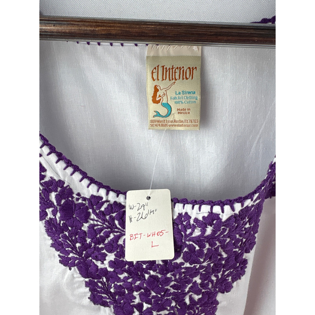 Women’s El Interior Large White Short Sleeve Blouse w/ Purple Embroidery