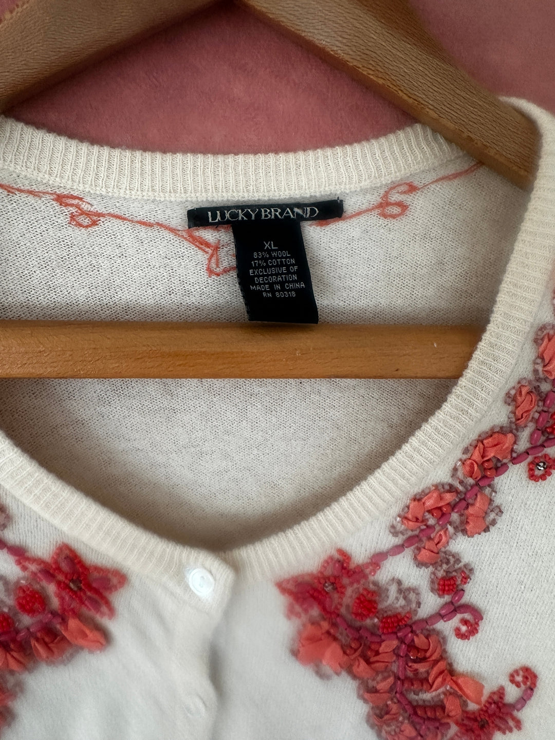 Lucky Brand Ivory Floral Embroidered Beaded Wool Cardigan Sweater