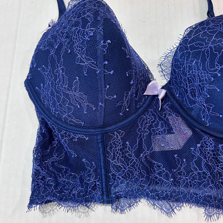 Womens Victoria Secret Navy Blue Floral Lace Corset Bustier