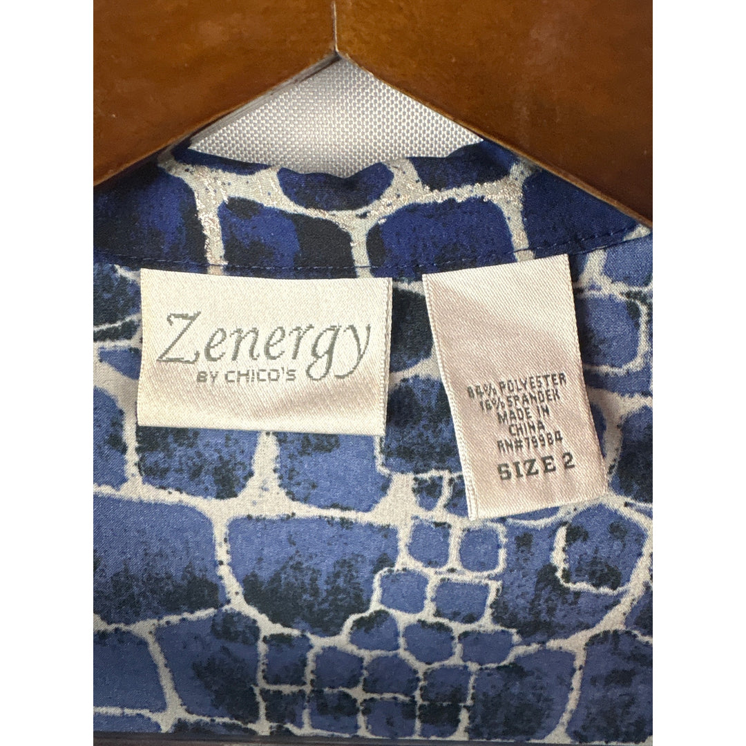 Women’s Zenergy by Chico’s Size 2 Blue, Silver, & Black Patterned Button Up