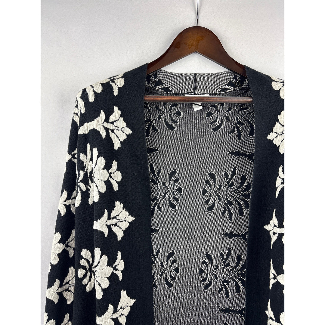 Women’s Charter Club Small Black Open Sweater w/ White Floral Design
