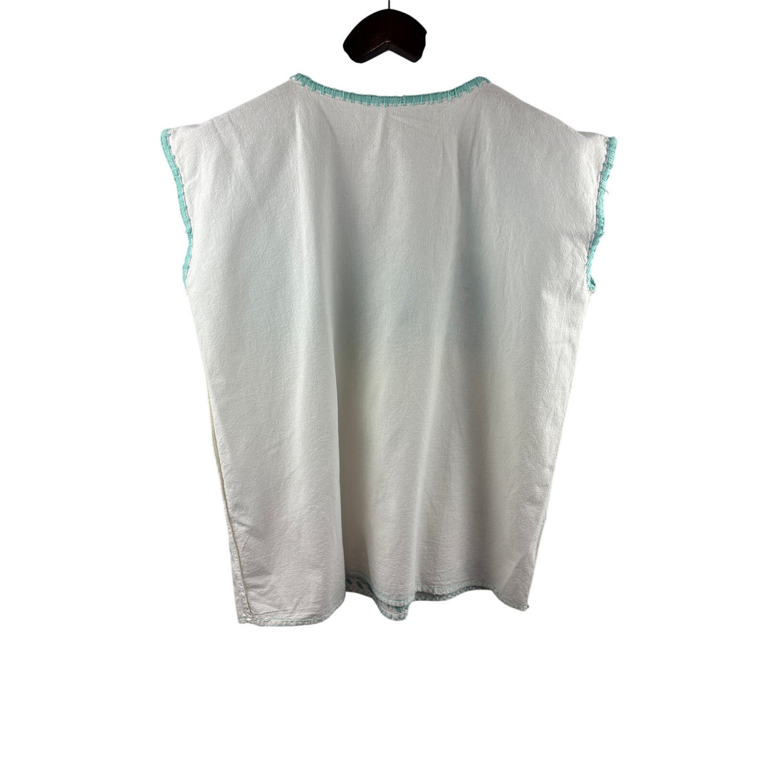 Women’s Handmade 2XL White Sleeveless Blouse w/ Aqua Floral Embroidery