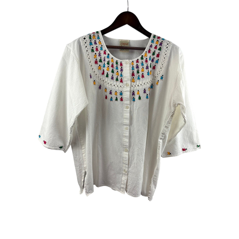 Women’s El Interior Large White w/ Multicolor Embroidery Button Up Blouse