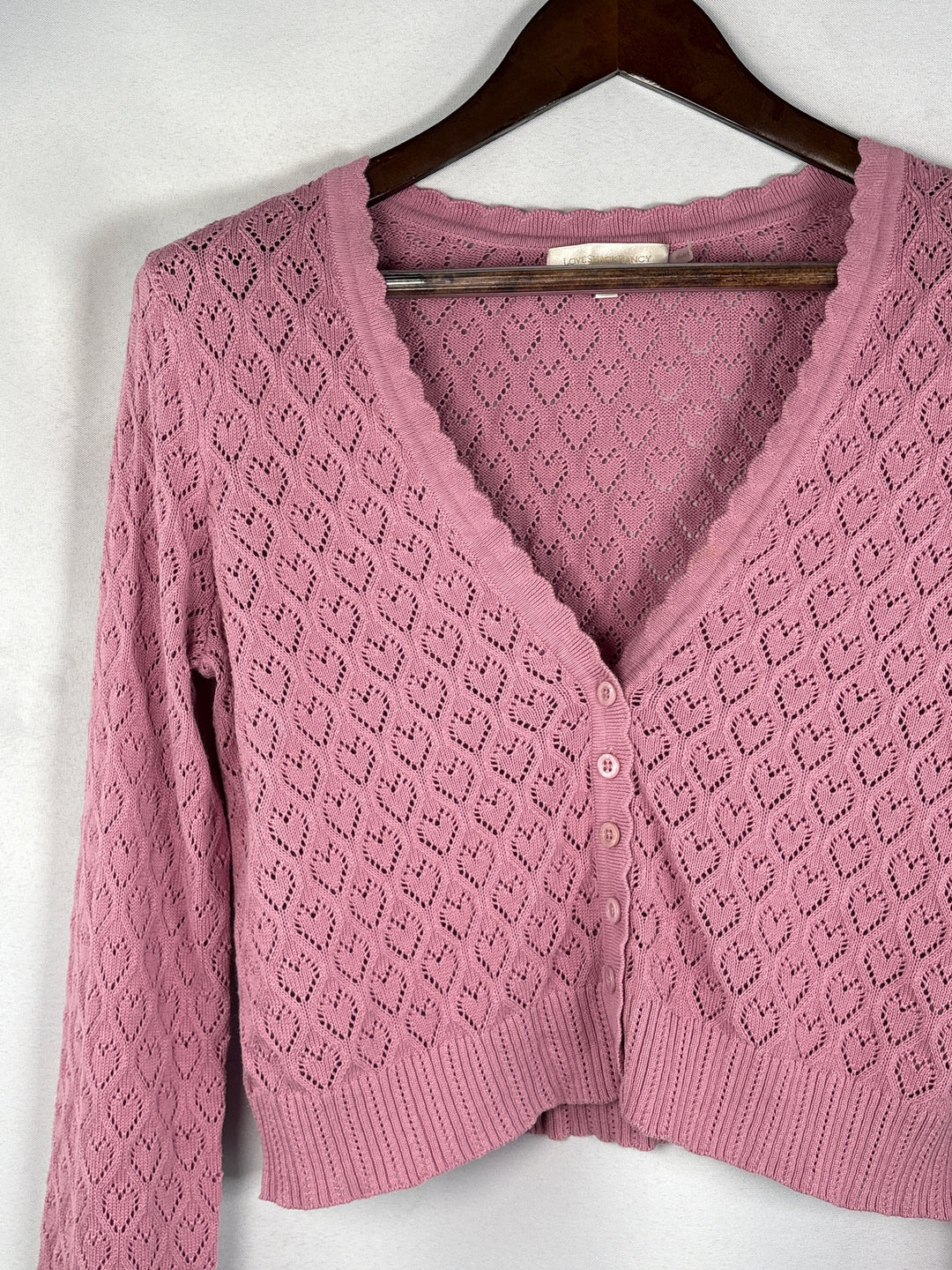 LoveShackFancy Women Mauve Heart Knit Cropped Cardigan Cotton Top