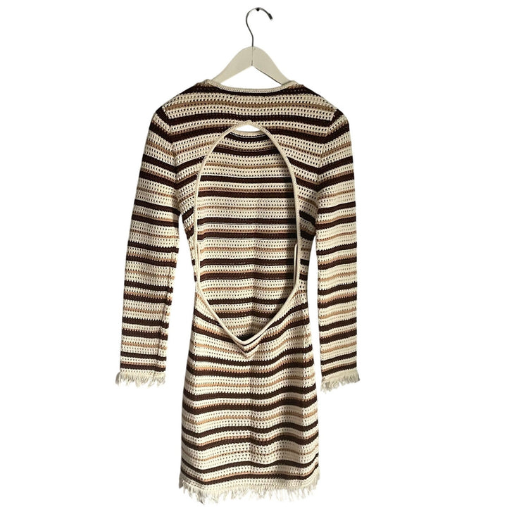 Reformation Pesca Crochet Dress Striped Brown Cream Cutout Fringe size Medium Boho
