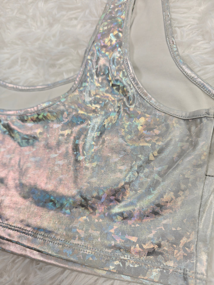 Womens Bear Dance Sports Bra Silver Holographic Large