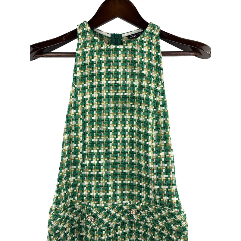 Women’s Zara XS Green, White, & Brown 60’s Style Sleeveless Mini Dress