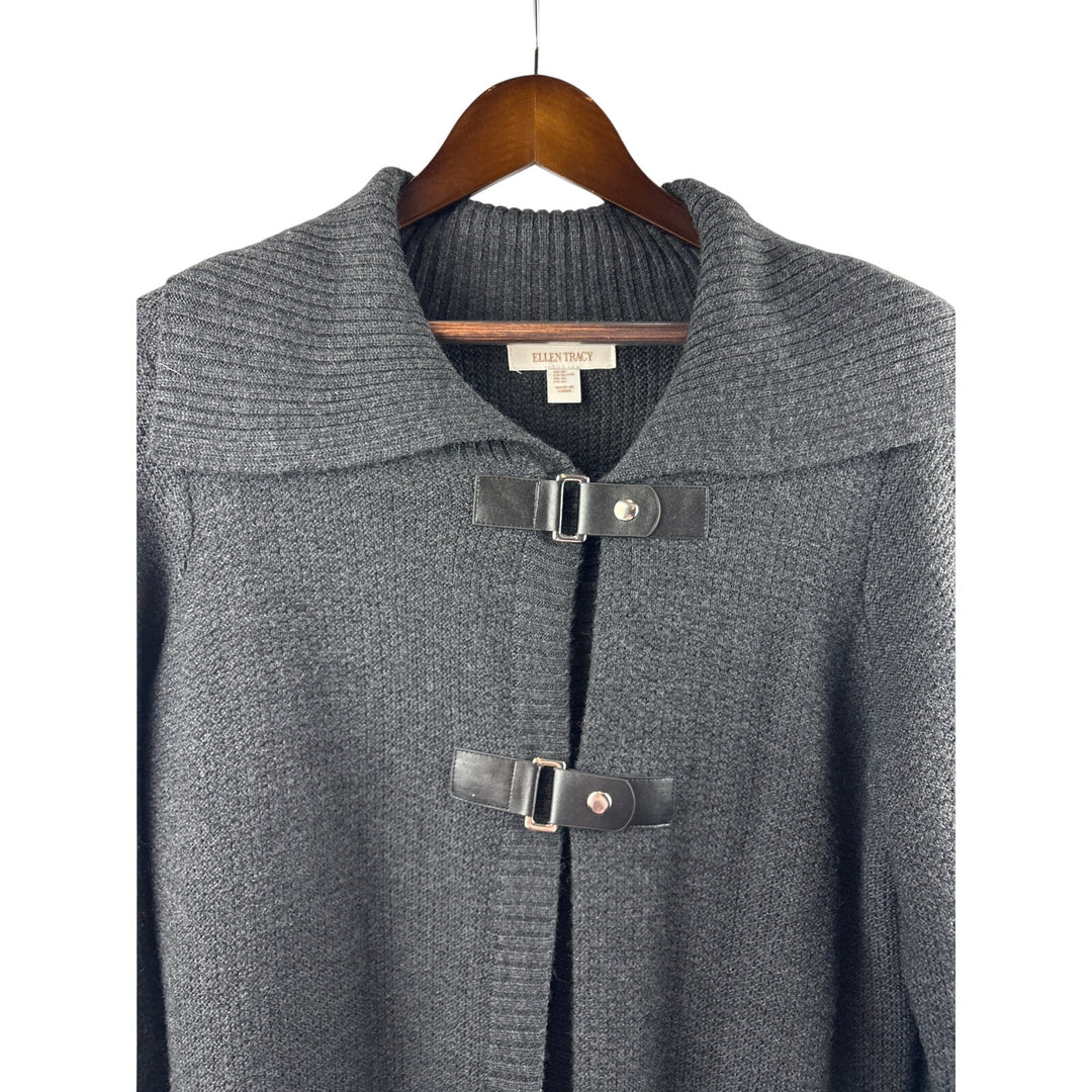 Women’s Ellen Tracy XL Dark Gray Cardigan w/ Black Leather Closures