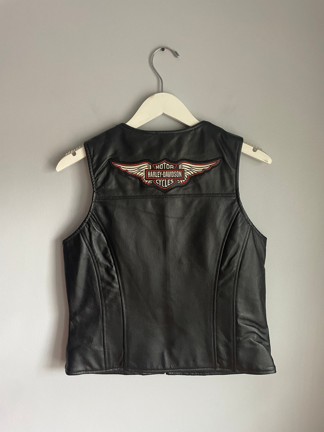 Harley Davidson Womens Black Leather Vest Zip Front Bar Shield Patch Sz M Vintage 2009