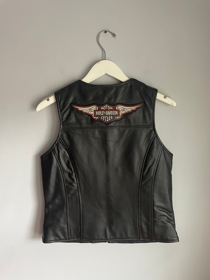 Harley Davidson Womens Black Leather Vest Zip Front Bar Shield Patch Sz M Vintage 2009