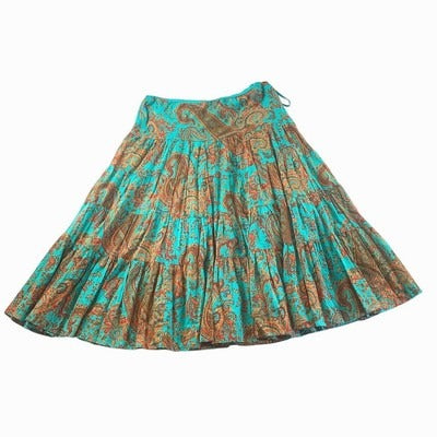 Lauren Ralph Lauren Petite A-Line Skirt PL 100% Cotton Paisley Print Turquoise & Brown
